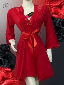 Floral design 3-Pcs Short Nighty with Lace Gown