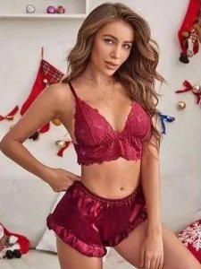 Women Wireless Lace Bra Satin Silk Shorts