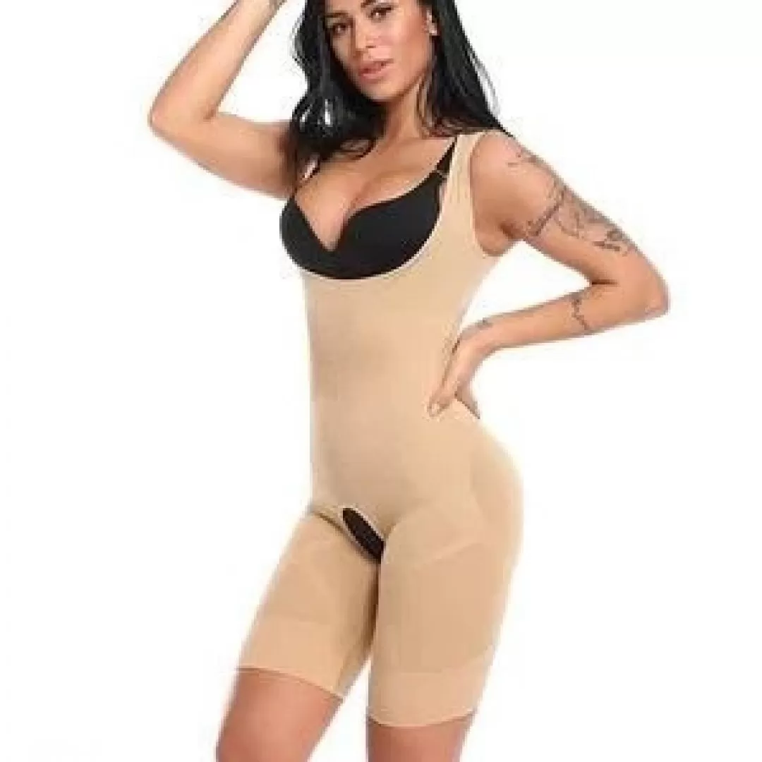 FULLNESS Arm Shaper Full Body Compression Slimming Shapewear Bodysuit - 3/4 Sleeve, Black/Beige